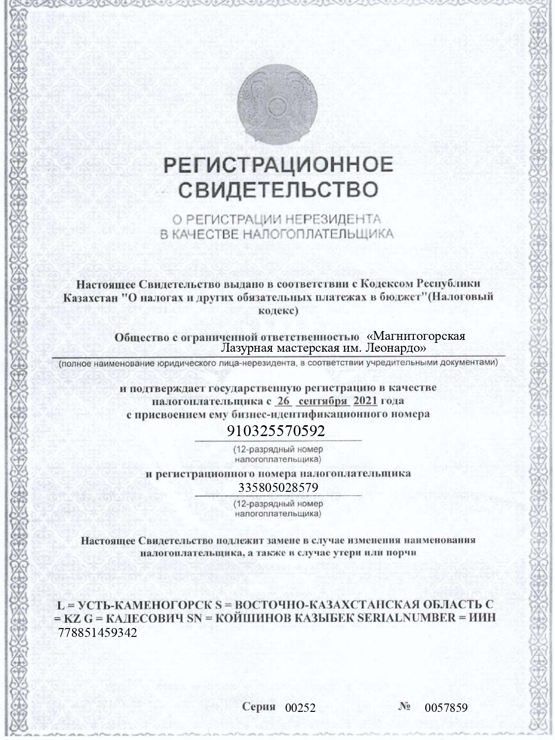 Форма свидетельства БИН